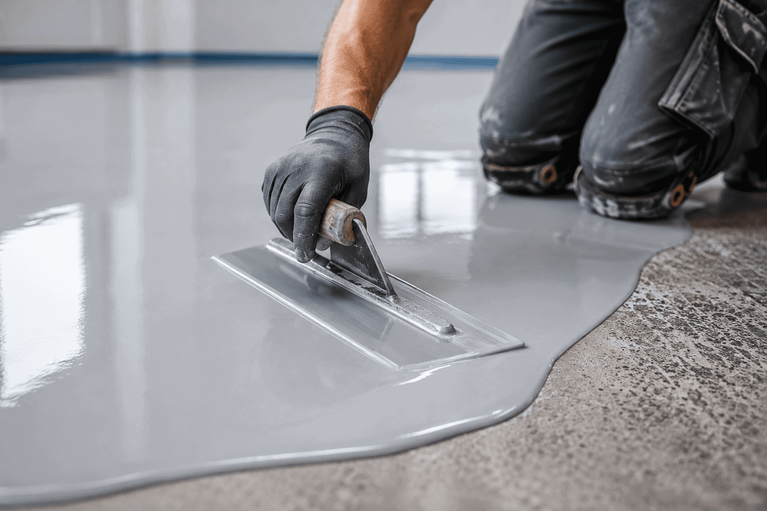 Gewerbliche Industriebodenbeschichtung Hand bei der Verlegung eines Industriebodens mit Glättkelle, professionelle Bodenbeschichtung mit Epoxidharz.