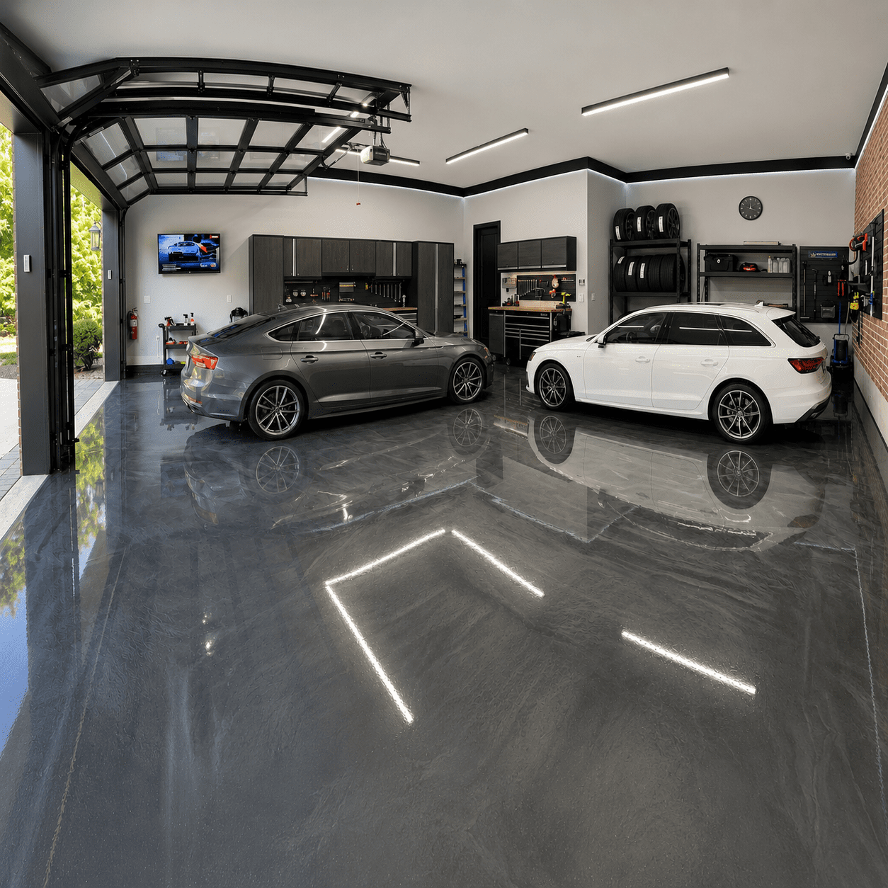 Epoxidharzboden in Garage mit glänzender Oberfläche und Fahrzeugen.