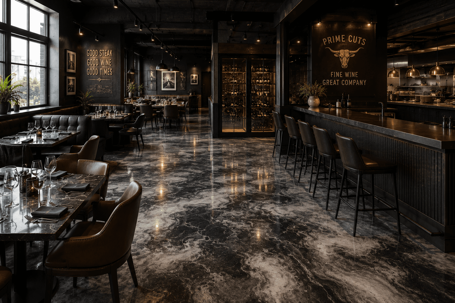Epoxidharzboden im Restaurant mit eleganter, dunkler Oberfläche und reflektierendem Finish.