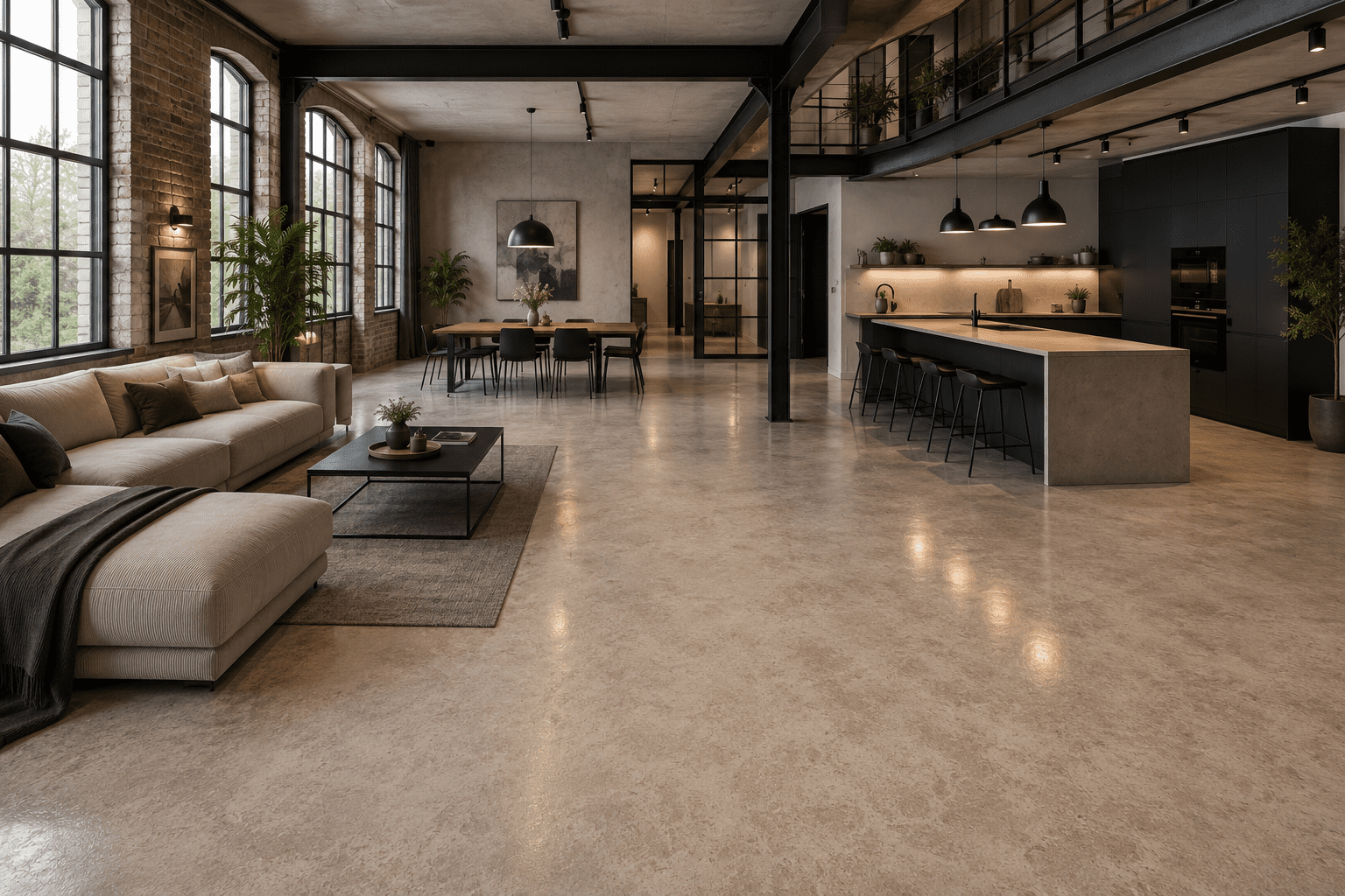 Moderner Industrieboden in Loft Hochwertiger Industrieboden aus Epoxidharz in einem Wohnraum in einem modernen Loft mit großen Fenstern und offenem Grundriss.