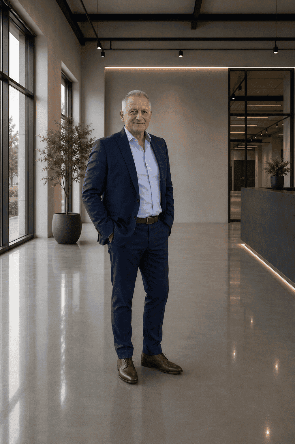 Inhaber Harald Wintersteiger Geschäftsmann in modernem Geschäftsgebaeude mit glattem Industrieboden.