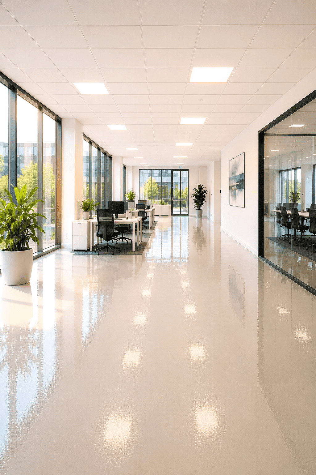 Moderne Industrie-Bodenbeläge im Büro Helles Büro mit modernen Industrieböden, großen Fenstern und Pflanzen.