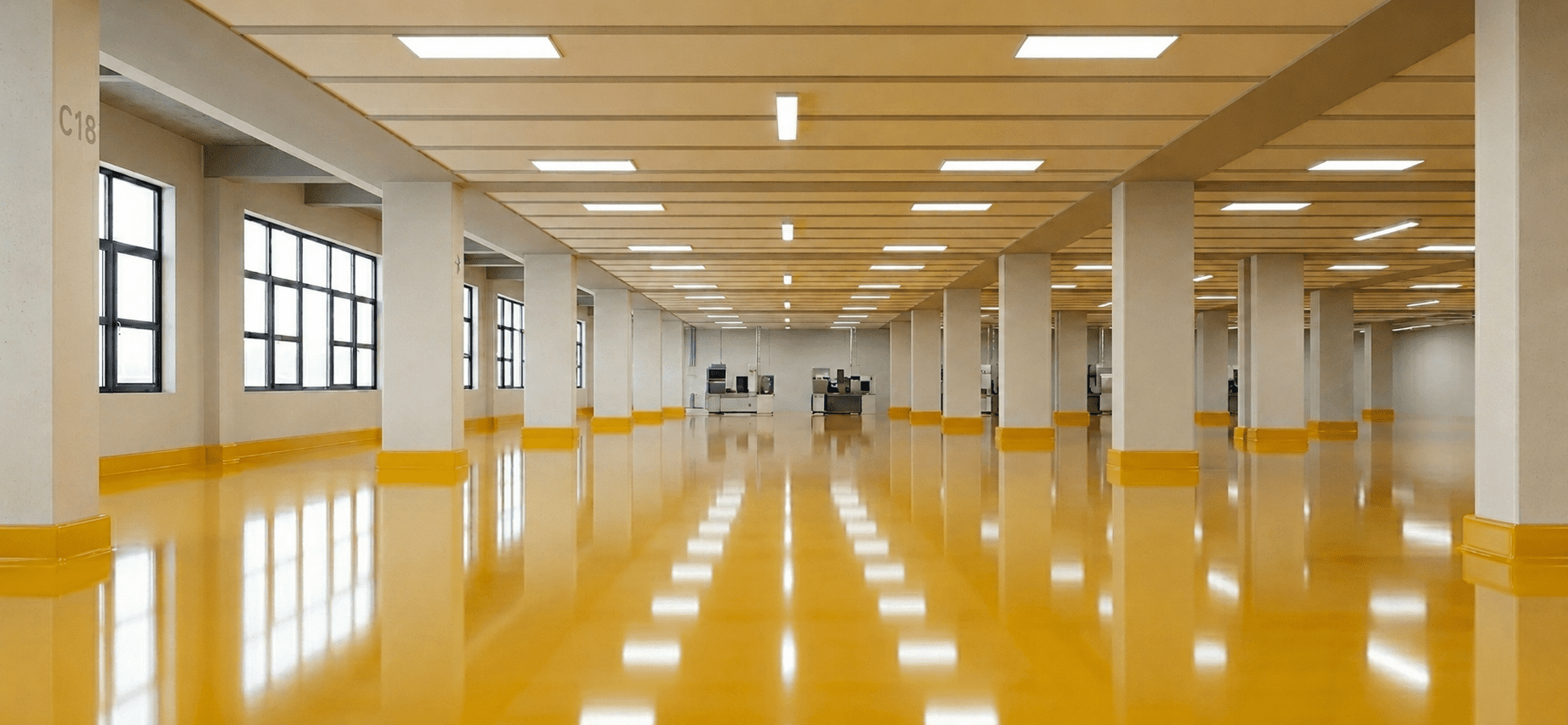 Moderner Industrieboden aus Epoxidharz in einer großen Lagerhalle mit gelber Oberfläche.