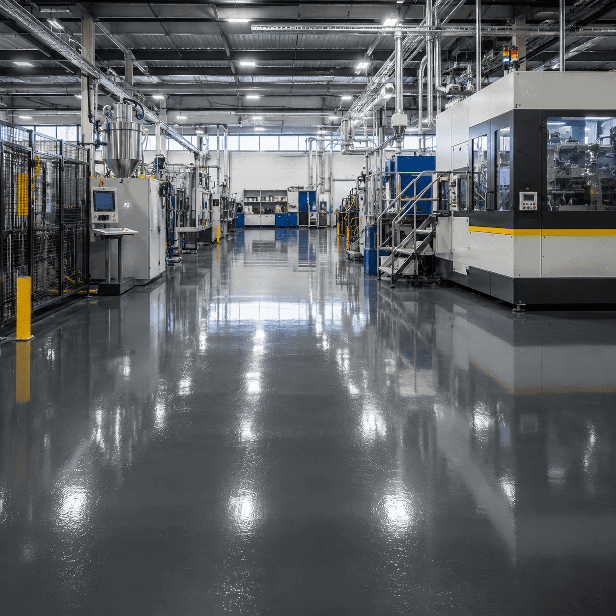 Hallenboden in Produktion aus Epoxidharz mit glatter, langlebiger Oberfläche.