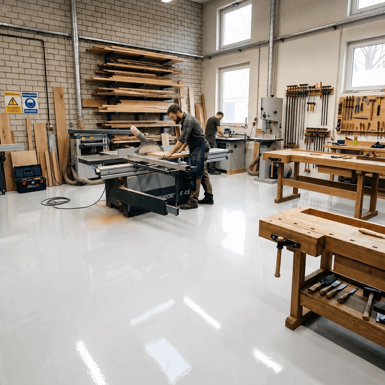 Handwerker bei Holzbearbeitung auf glattem Industrieboden aus Epoxidharz in Werkstatt.