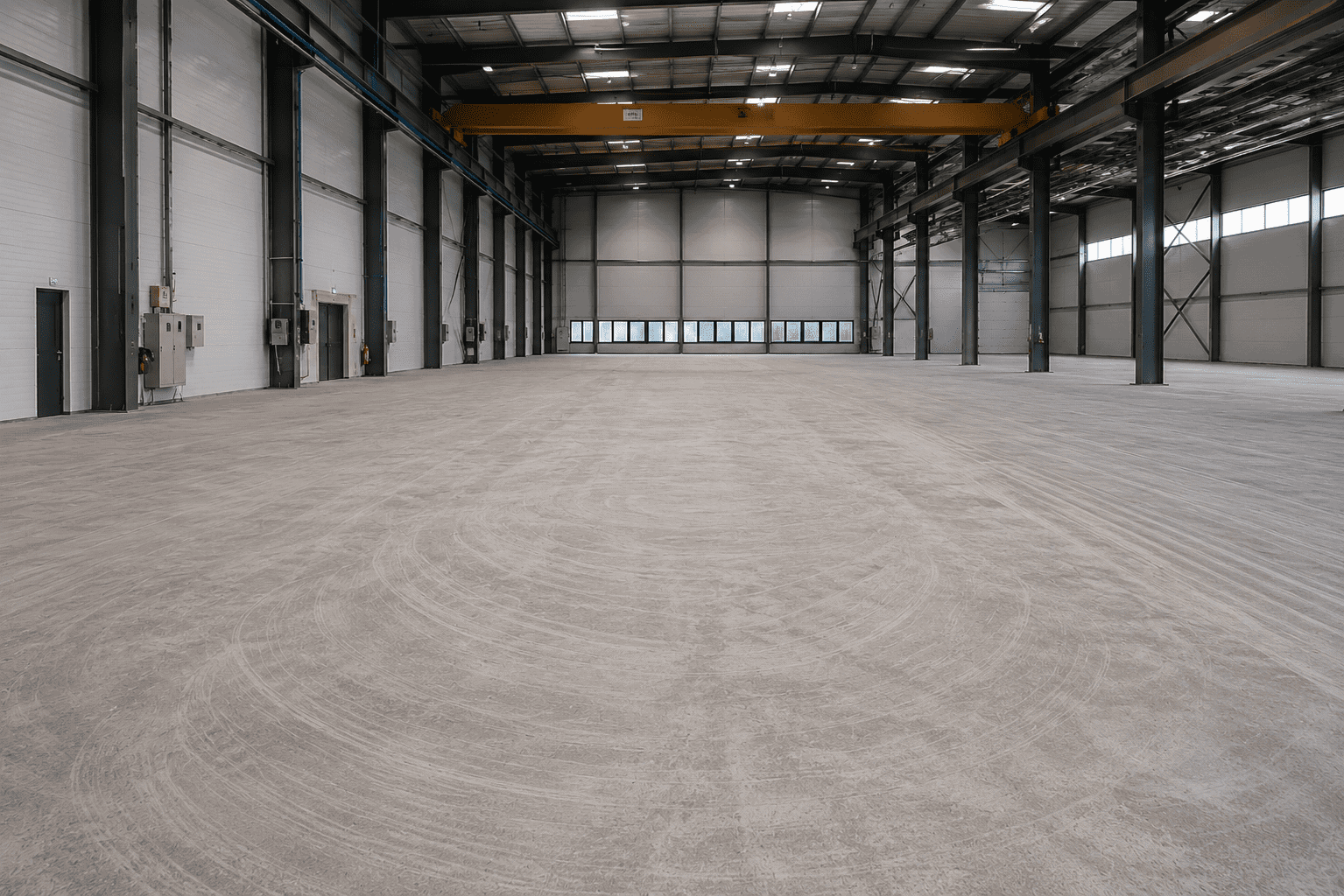 Großflächiger Industrieboden in einer modernen Lagerhalle, vorbereitet für die Beschichtung mit Epoxidharz.