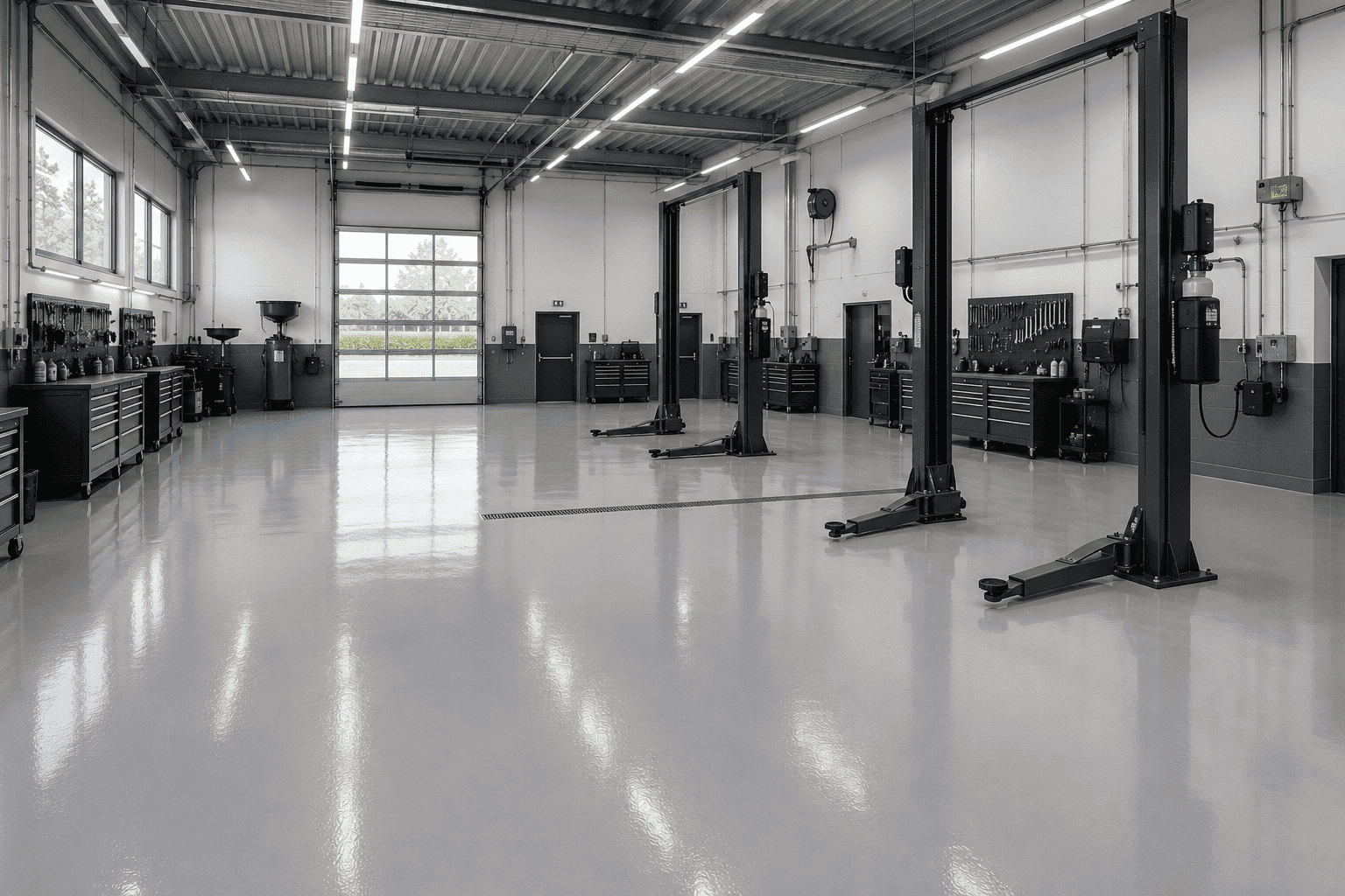 Industrieboden in Werkstatt Sauberer, glänzender Industrieböden aus Epoxidharz in einer professionellen Werkstatt.