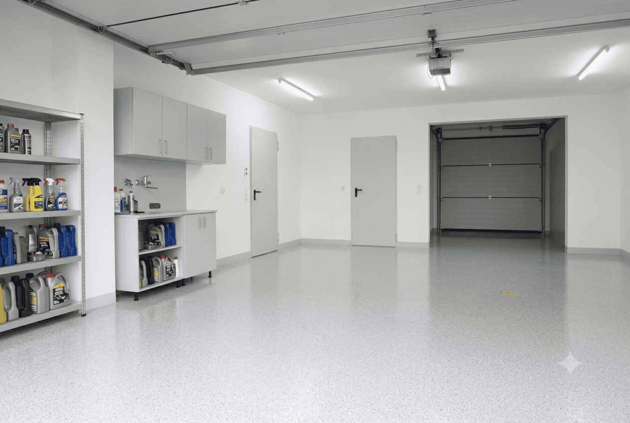 Sauberer, moderner Industrieboden in einer Garage mit Werkstatt.