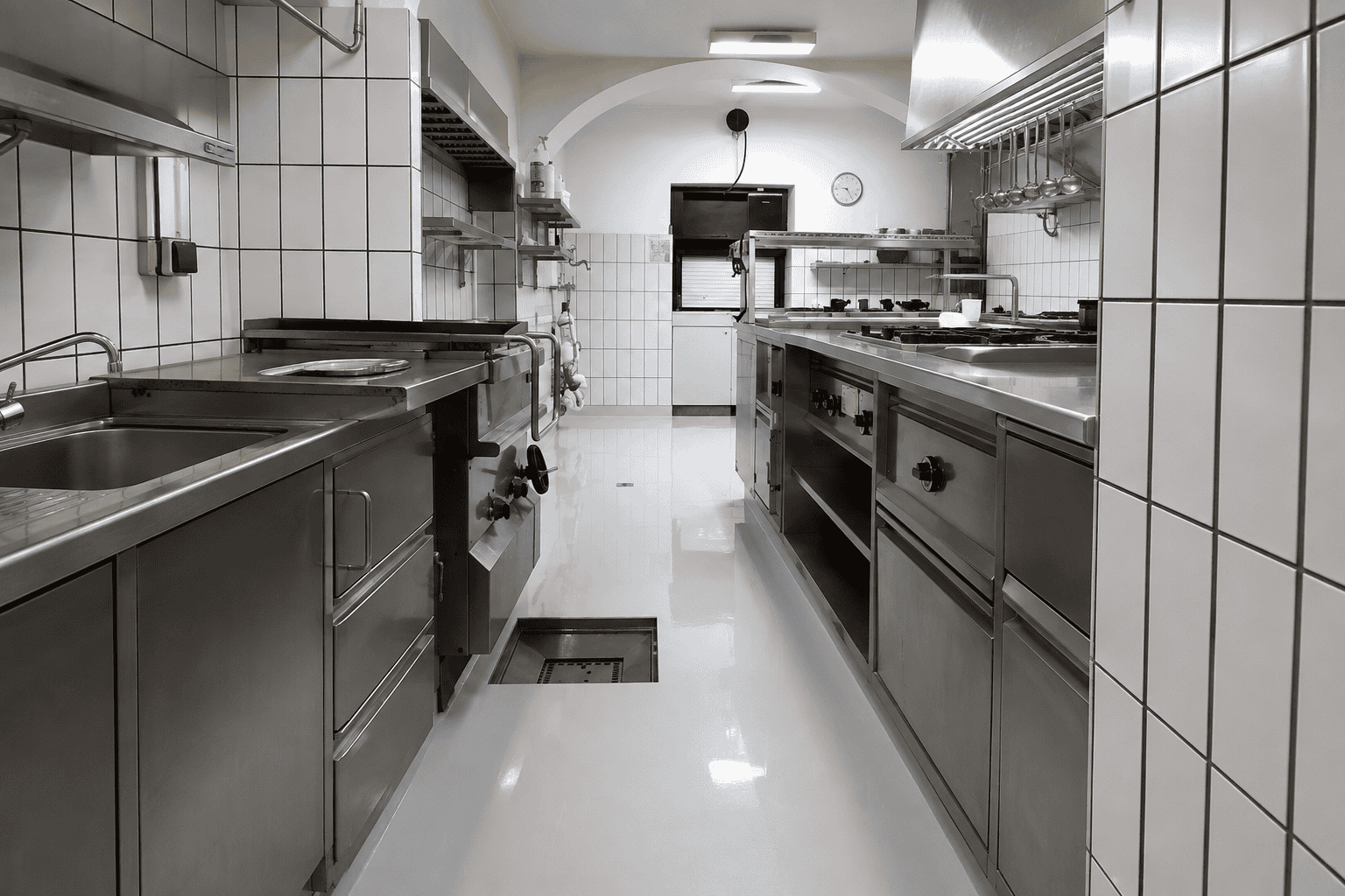 Hochwertiger Industrieboden in einer professionellen Gastroküche.